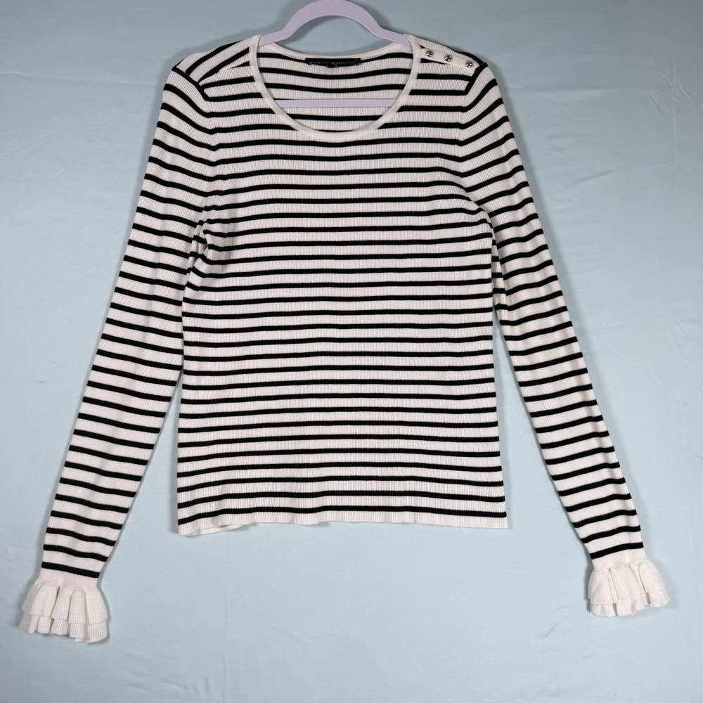 White House Black Market Size-L Women Sweater Black White Striped Ruffle Cuff